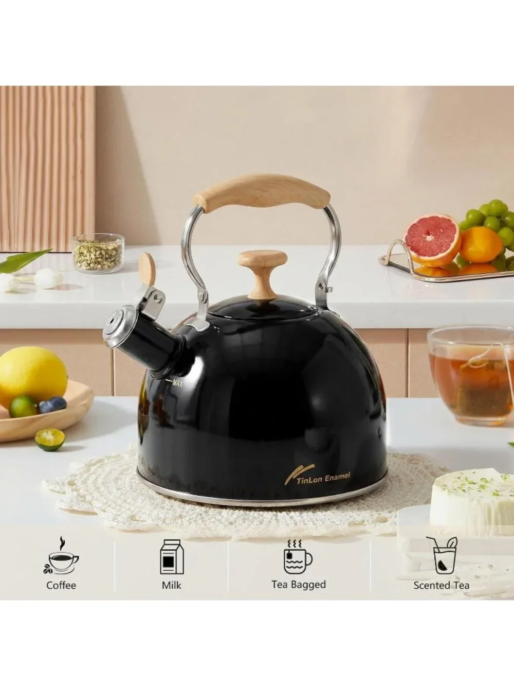 Black Stainless Steel Whistling Tea Kettle 2.4L Stovetop Induction Gas Handle